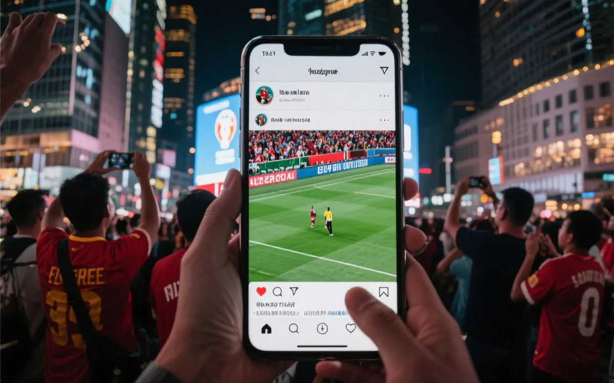 球迷在大屏前观看比赛，社交媒体弹幕与话题热度交织的氛围